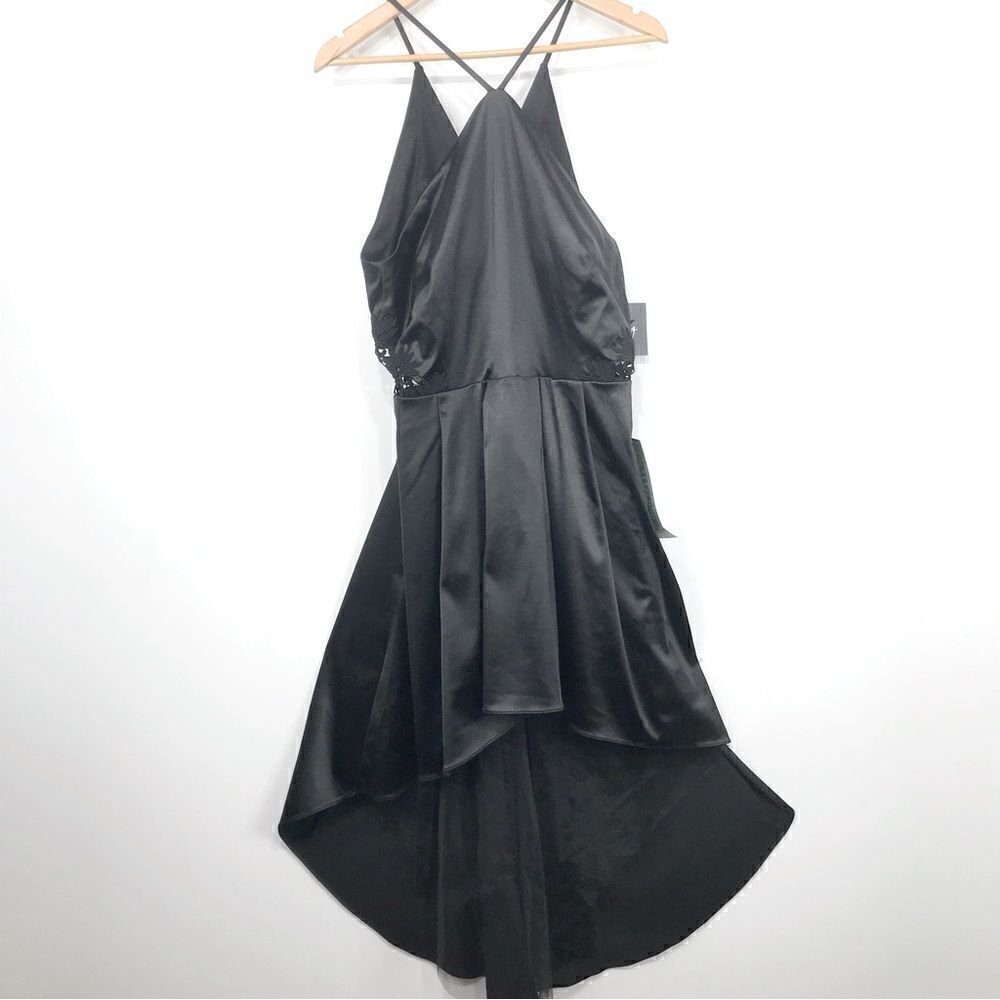 By & By Black Satin Lace Halter Top Hi Lo Party Holiday Prom Dress NEW